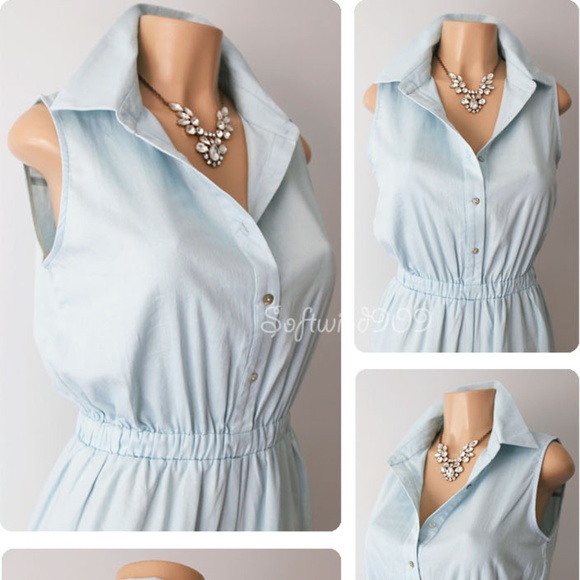 Light Blue 100% Cotton Button Up Collar Romper - Picture 3 of 8
